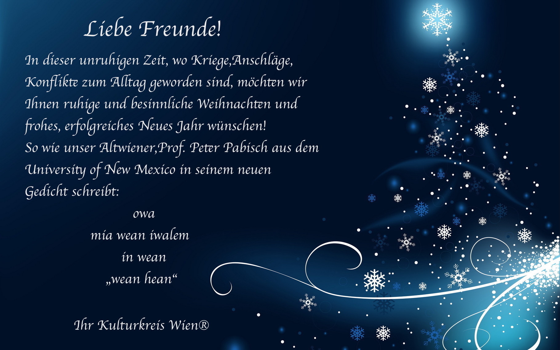 Weihnachts und Neujahrswünsche! KULTURKREIS WIEN® ZEITKUNST