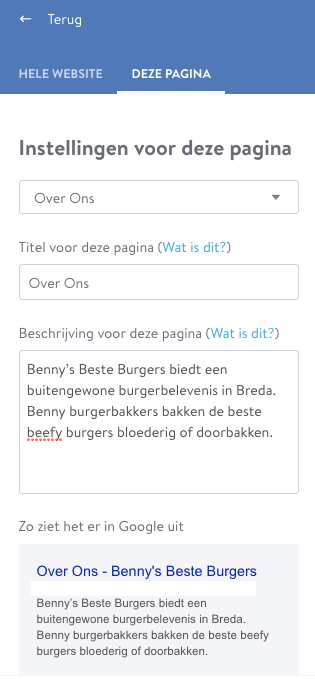 Voorbeeld van een paginabeschrijving op een Jimdo website.