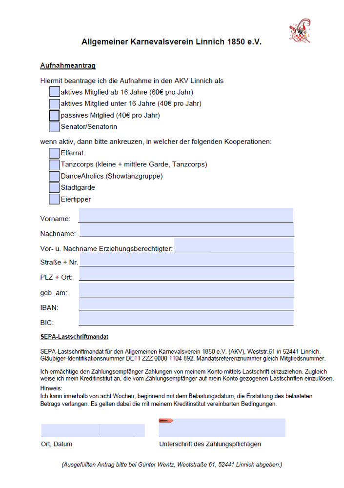 (Ausgefüllten Antrag bitte bei Günter Wentz, Weststr. 61, 52441 Linnich abgeben.)