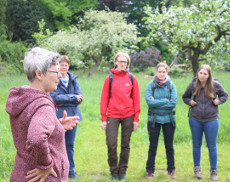 Karin Rietman (links) erläuterte den Besuchern der AG Bienen und AG Botanik die schöne Obstwiese bei Gievenbeck und den Streuobstwiesenschutz in Münster