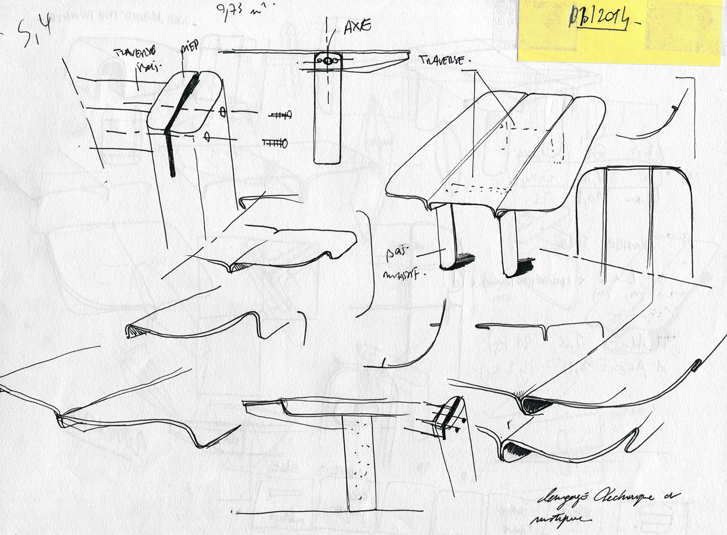 Croquis de recherches. Assemblage et mise en forme plateau. Pierre Dubourg 2015 