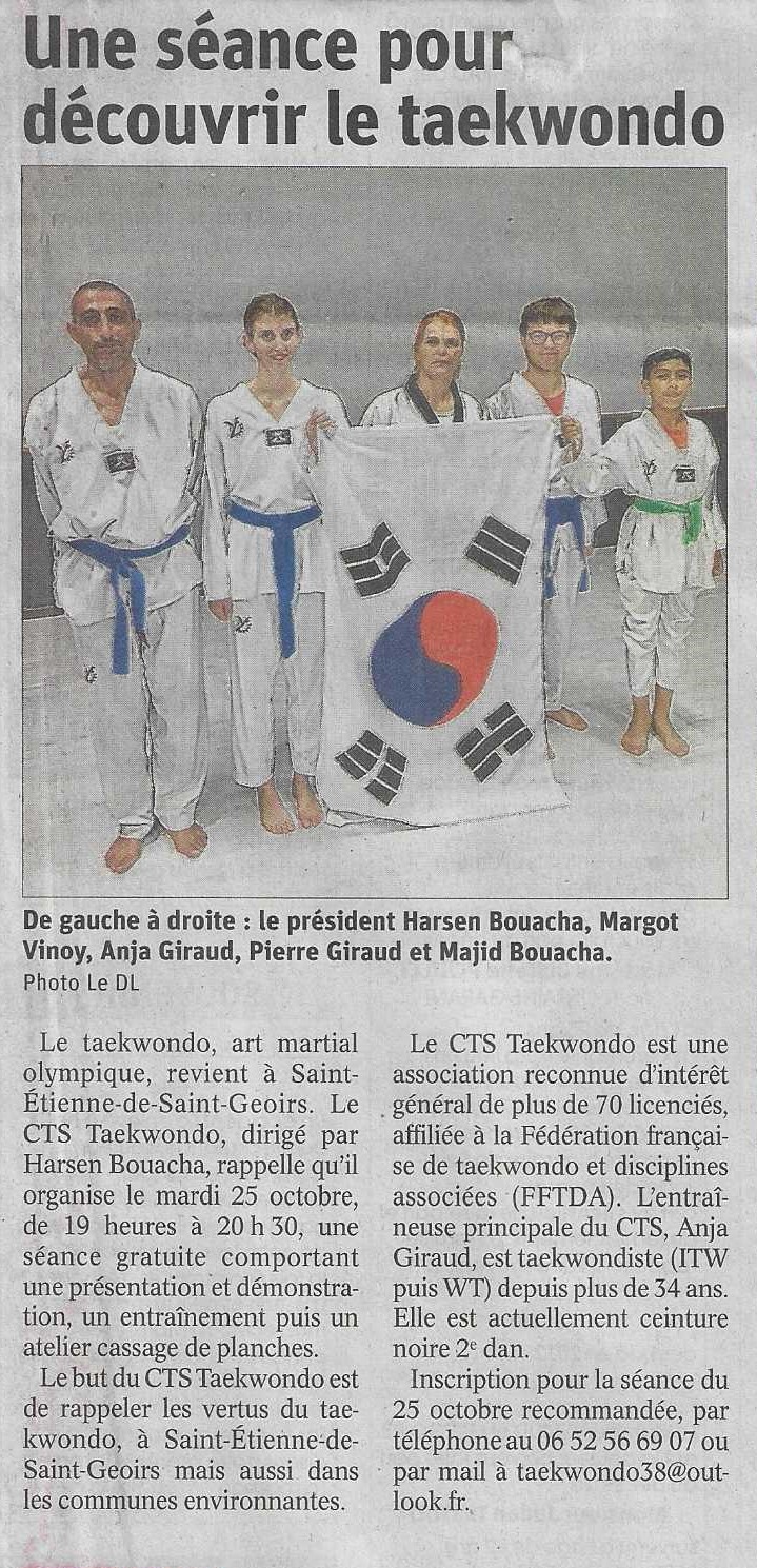 CTS Taekwondon Article de l'annonce de l'entrainement spécial à St Eienne de St Geoirs