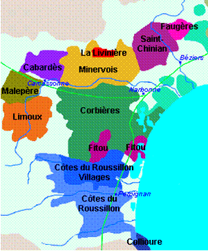 localisation des différents vignobles des départements viticoles du secteur
