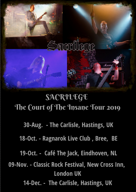 Sacrilege, The Carlisle, Hastings, UK, concert, The Court Of The Insane Tour 2019, 30th August 2019, Bill Beadle, Neil Turnbull, Jeff Rolland, Paul Macnamara, News Rockers And Other Animals