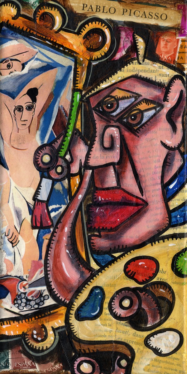 "Picasso paints Les Demoiselles dAvignon" - Collage und Acryl auf Leinwand - 15 x 30 cm - 2014