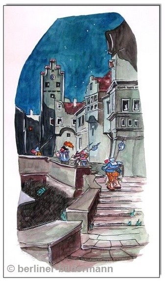 “Die Scharwache” / Tusche, Aquarell; nach Carl Spitzweg/ 1990