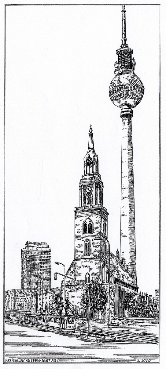 "Marienkirche mit Fernsehturm" - Feder und schwarze Tusche auf Zeichenkarton - 29,7 x 21 cm - 2000