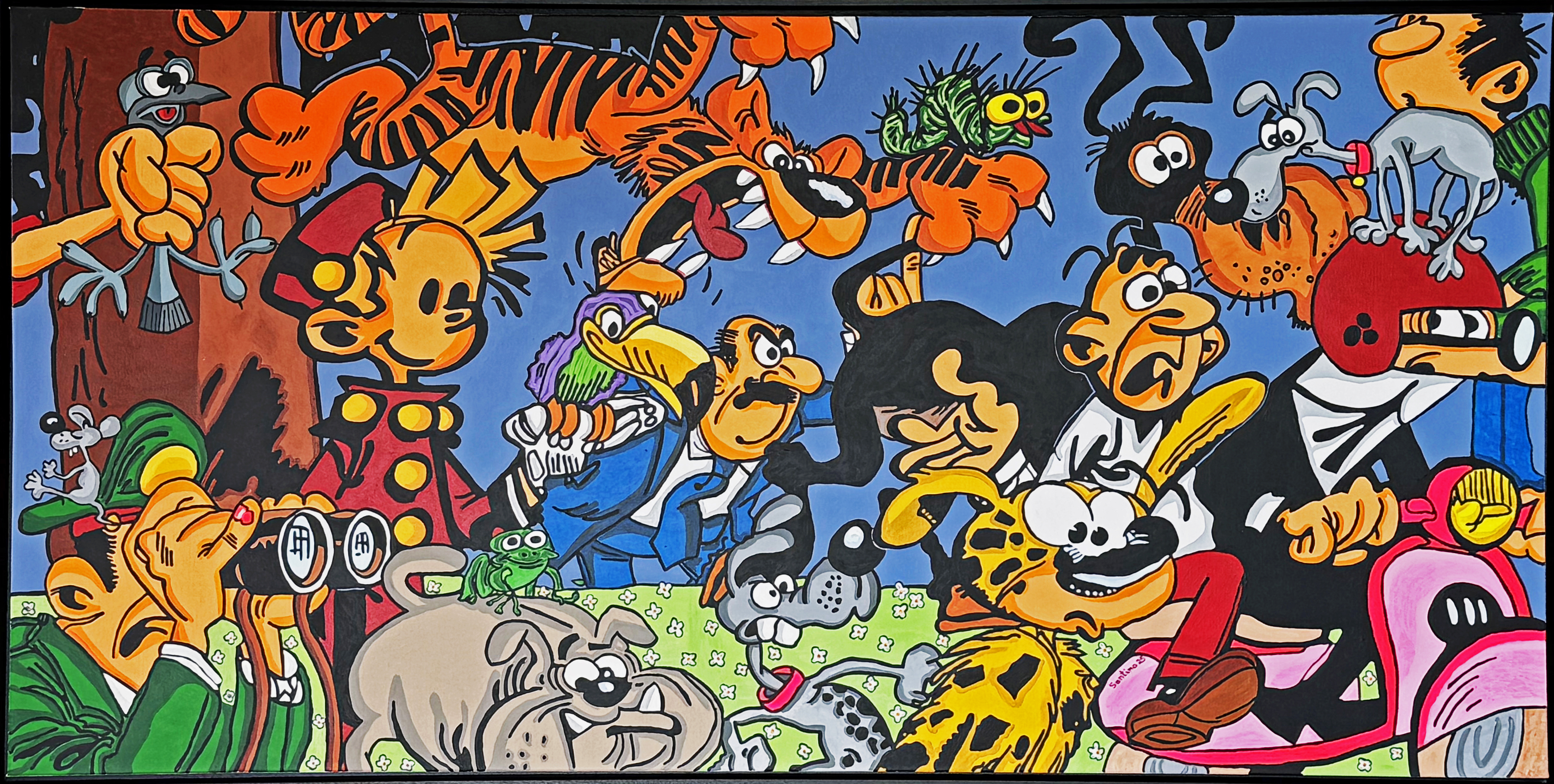 Großformatiges Pop-Art Panorama-Gemälde TUMULT IM PARK von Divo Santino – Galerie-Übersicht 2026. 200x100 cm Unikat mit einer belebten Park-Szene und zahlreichen Comic-Charakteren.