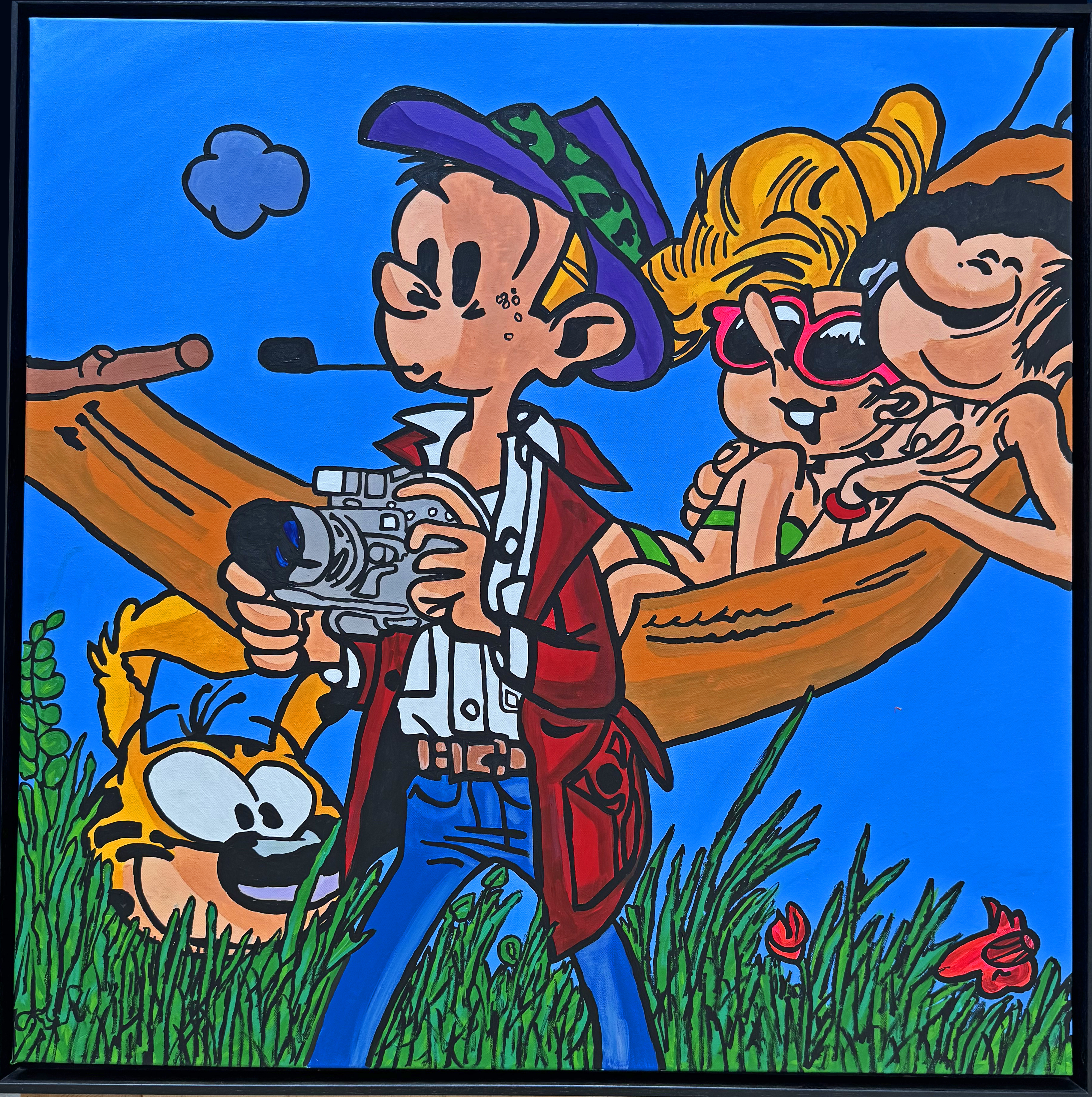 Pop-Art Gemälde DER FOTOGRAF von Divo Santino – Ansicht für Galerie-Übersicht 2026. Quadratisches 100x100 cm Unikat mit einer dynamischen Comic-Figur, die eine Kamera hält, in kräftigen Pop-Art Farben.