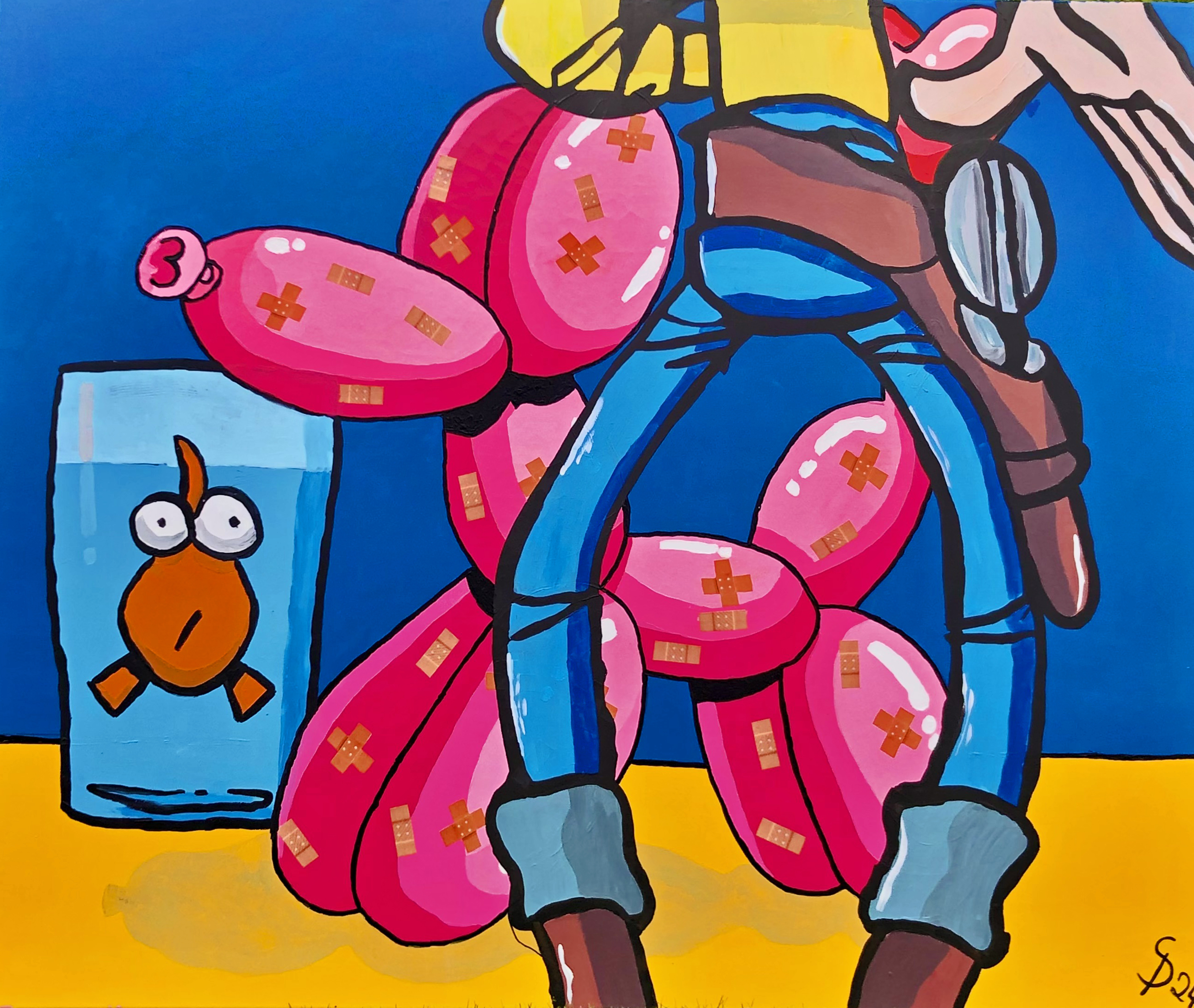 Divo Santino - Der Diplomat - Handgemaltes Pop-Art Gemälde, 120x100 cm, farbenfrohes Acryl-Unikat mit Ballon-Hund und Revolver-Motiv für exklusive Wandgestaltung