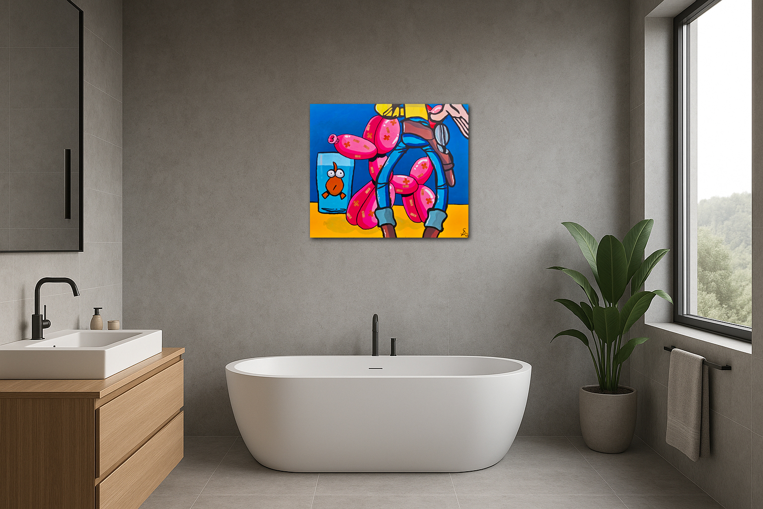Modernes Luxus-Badezimmer mit dem großformatigen Pop-Art Wandbild DER DIPLOMAT von Divo Santino über einer freistehenden Badewanne.