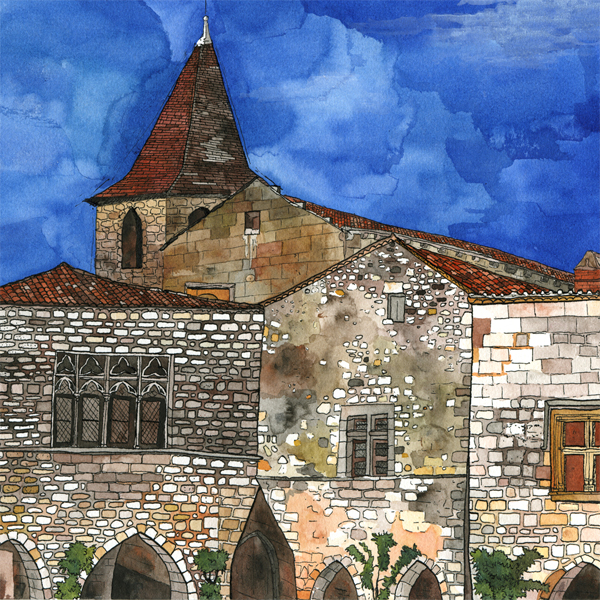 L'église et la place principale de Monpazier en Dordogne (détail)