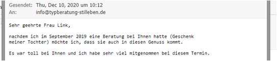 Email einer Kundin zur Farbberatung