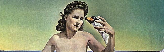 「レダ・アトミカ」。レダはガラの肖像となり、ダリは白鳥に姿を変える。