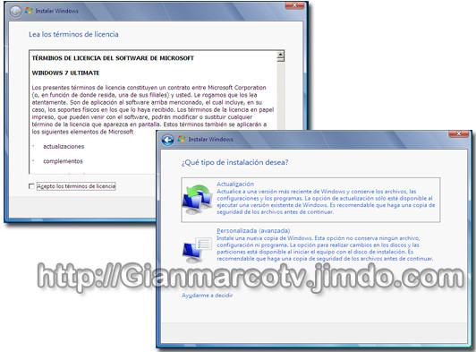 windows 7 instalación / aceptar termines y de licencia y el tipo de instalacion