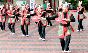開会式アトラクションで踊る民踊愛好部会=7日午後、市民会館