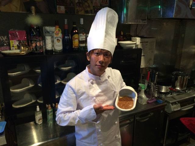 Poo curry in hand. The owner Mr. Ken Shimizu, a famous adult video actor and director in Japan. He sometimes works in the restaurant