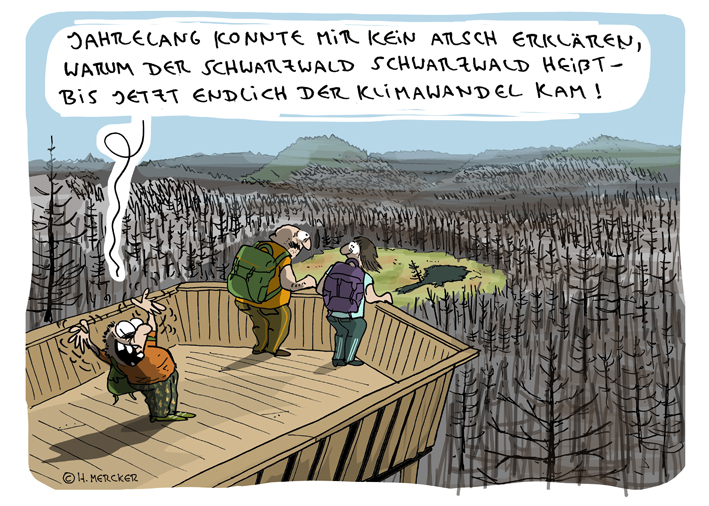 Cartoon von H. Mercker über das Waldsterben (im Schwarzwald) 