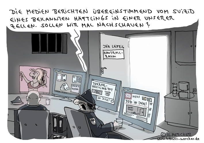 tagesaktueller Cartoon von H. Mercker über den Suizid des mutmaßlichen Terroristen Albakr in der JVA Leipzig.