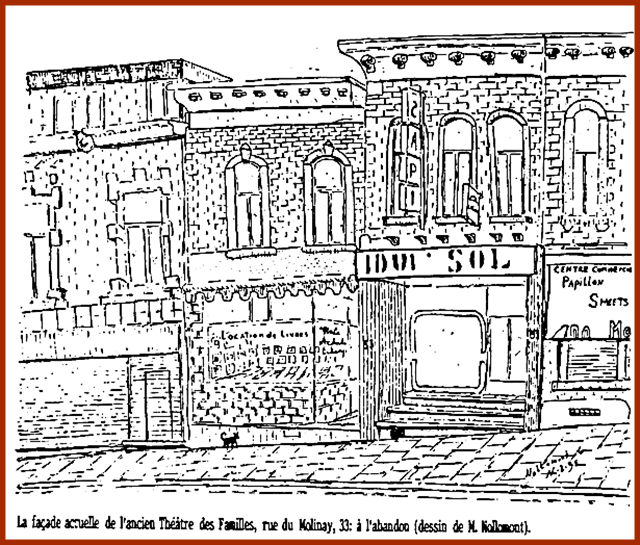 La façade du Crosly ; dessin de Georges Nollomont devenue le commerce mur sol avec une petite librairie d' achat échange à côté à la place du débit de boisson du théâtre
