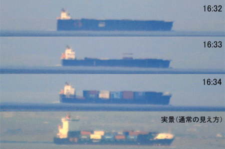 航行する貨物コンテナ船の蜃気楼（2010年5月2日）