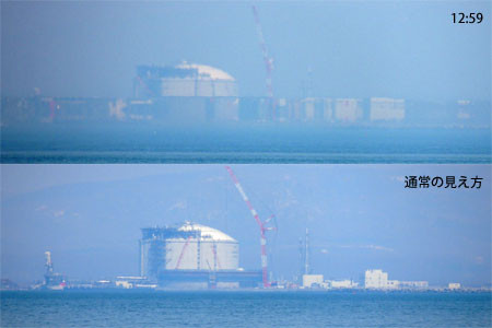 石狩湾新港のLNGタンク周辺の建屋等が蜃気楼化（2014年4月26日）