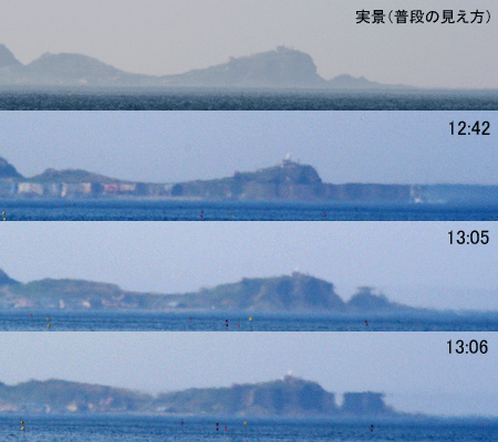 高島岬とトド岩の蜃気楼、伸びた～！　（2009年5月21日）