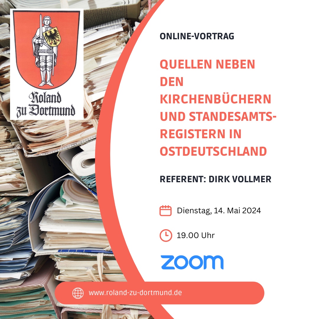 Online-Vortrag "Quellen neben den Kirchenbüchern und Standesamtsregistern in Ostdeutschland" am 14. Mai 2024