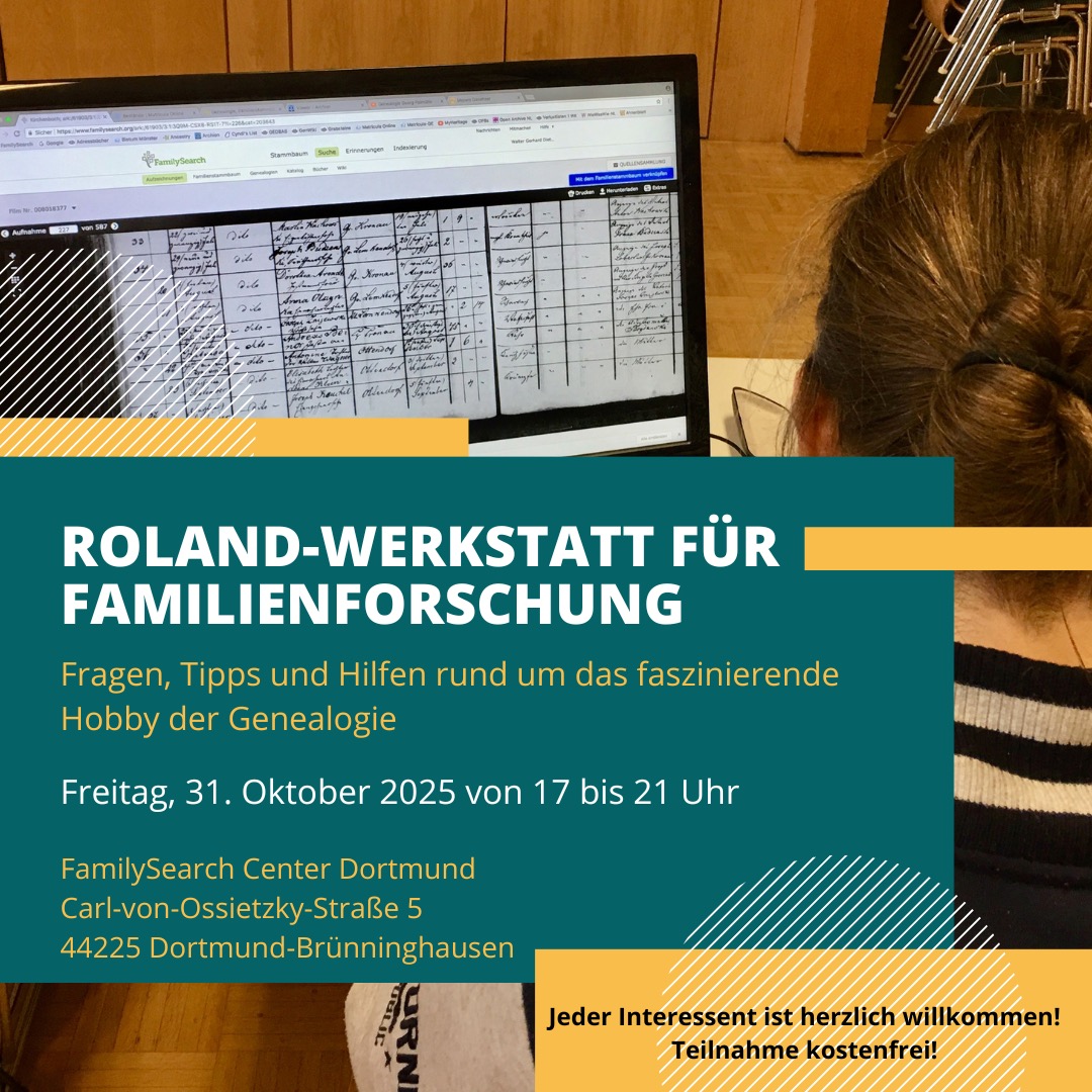 Roland-Werkstatt für Familienforschung am 31.10.2025 im FamilySearch-Center Dortmund