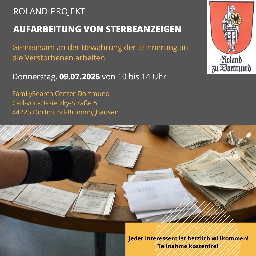 Roland-Projekt "Aufarbeitung von Sterbeanzeigen" am 09.07.2026 im FamilySearch-Center Dortmund