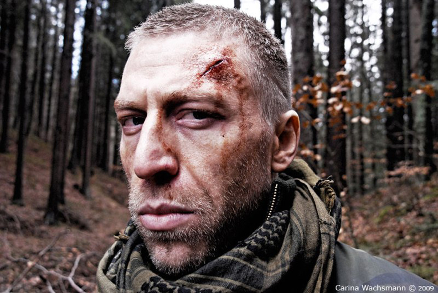 Ottaviano Blitch actor, action scene, cinematic with fake blood wound makeup, attore drammatico Fred in Shadow, crazy character, cinema