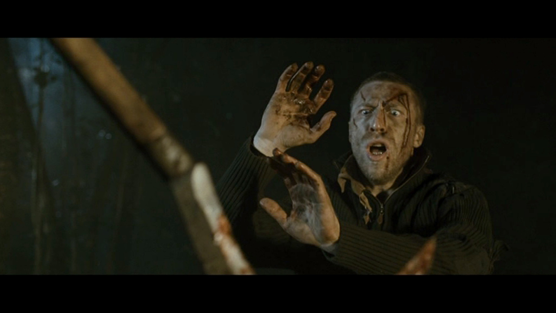Ottaviano Blitch actor, action scene, cinematic with fake blood wound makeup, attore drammatico Fred in Shadow, death scene, terror, Italian horror
