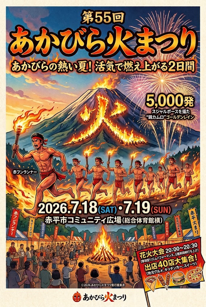 2026年 あかびら火まつり 開催概要｜日程・スケジュール・駐車場・アクセス・出店・イベント内容