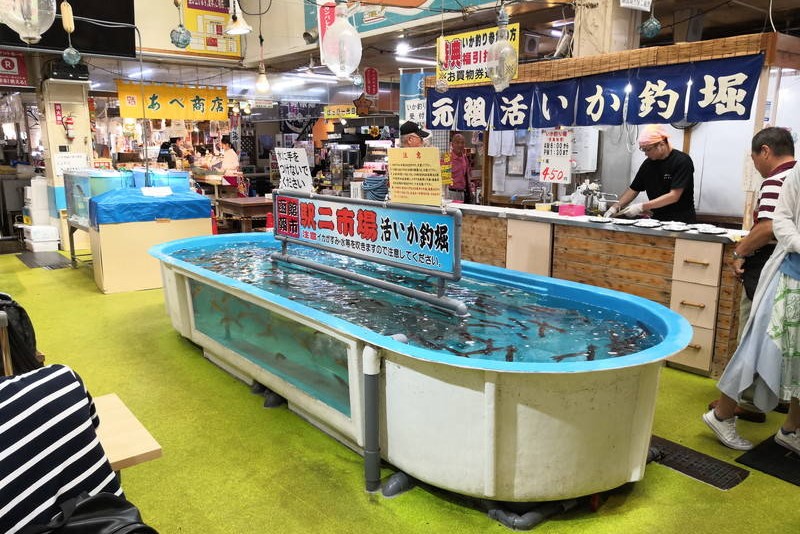 函館朝市駅二市場・活いか釣り堀｜簡単に釣ってすぐに刺し身で食べられる！【函館グルメ観光】