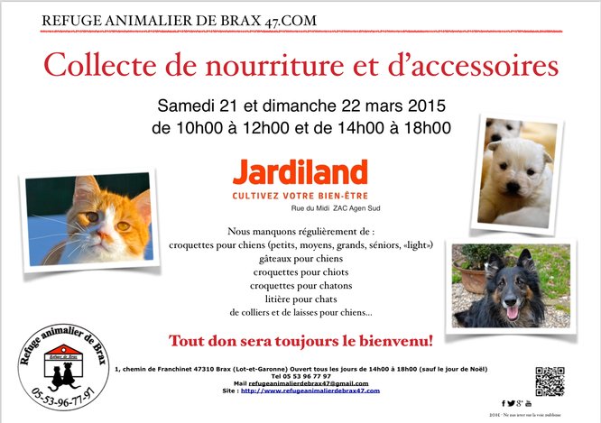 Jardiland Zac Agen Sud Collecte De Nourriture Et D Accessoires Mars 15 Refuge Animalier De Brax Pres D Agen 47 Jardiland Zac Agen Sud Collecte De Nourriture Et D Accessoires Mars 15 Refuge Animalier De Brax Pres D Agen 47