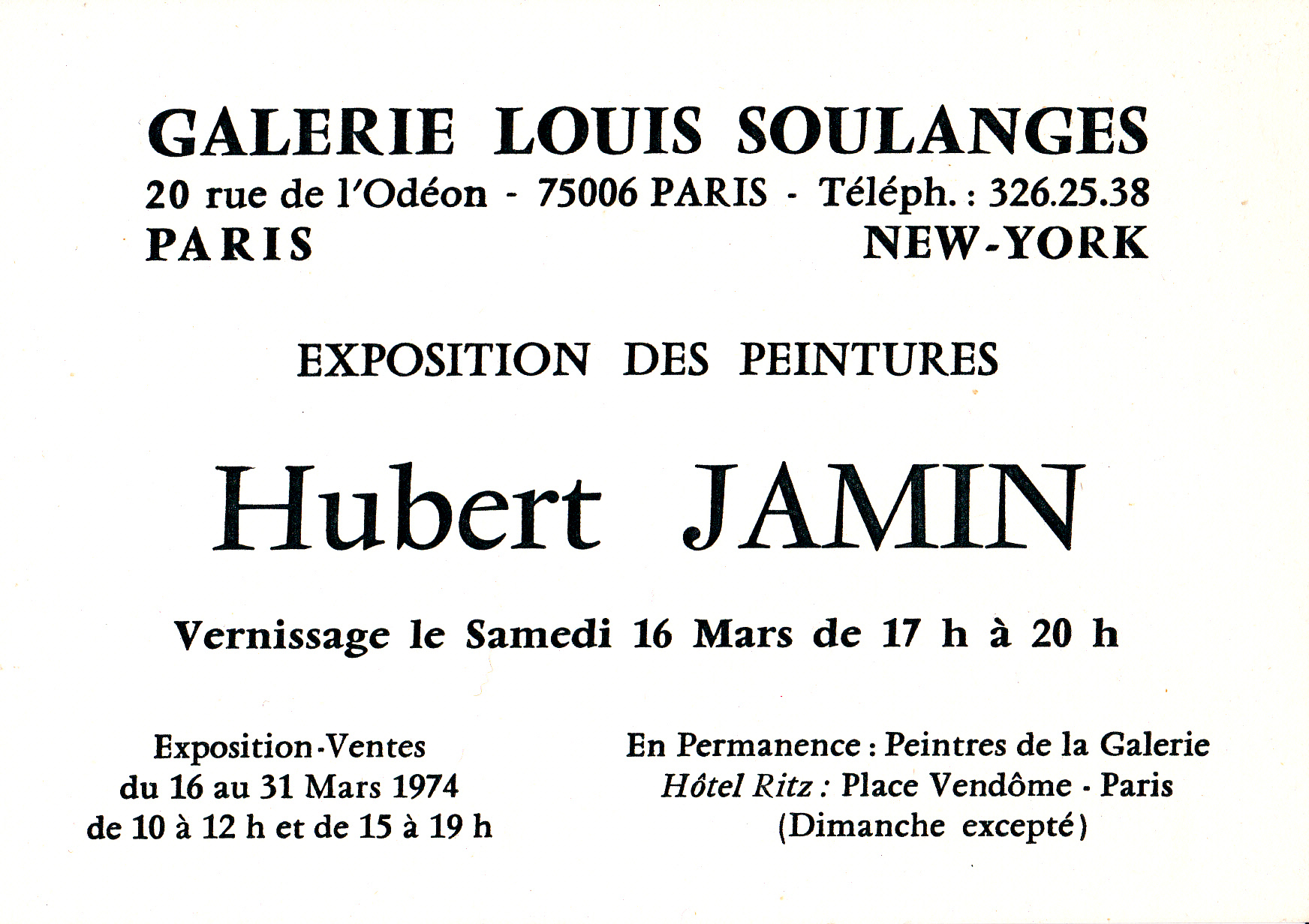 Galerie Soulanges Annonce Expo Mars 1974