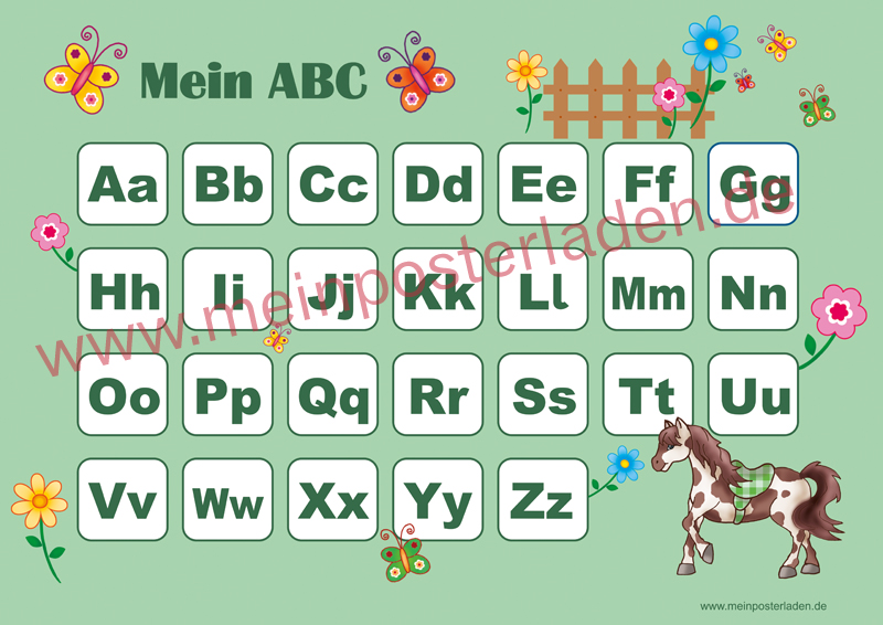 ABC Lernposter für die Grundschule mit Pony und Blümchen, optional laminiert