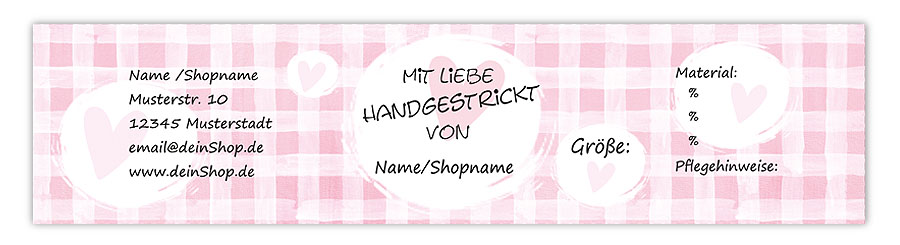 hübsche Sockenbanderolen aus Papier, für deine selbstgestrickten Socken - Motiv: rosa Karos Wasserfarbenoptik - Mit Liebe Handgestrickt - mit Herzchen, gedruckt mit umweltfreundlichen und ungiftigen Farben