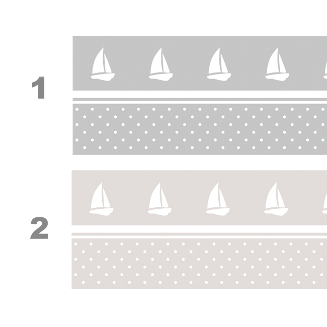 Maritime Bordüre mit weißen Segelbooten und Pünktchen in den Farbvarianten Grau (1) und Sand (2).