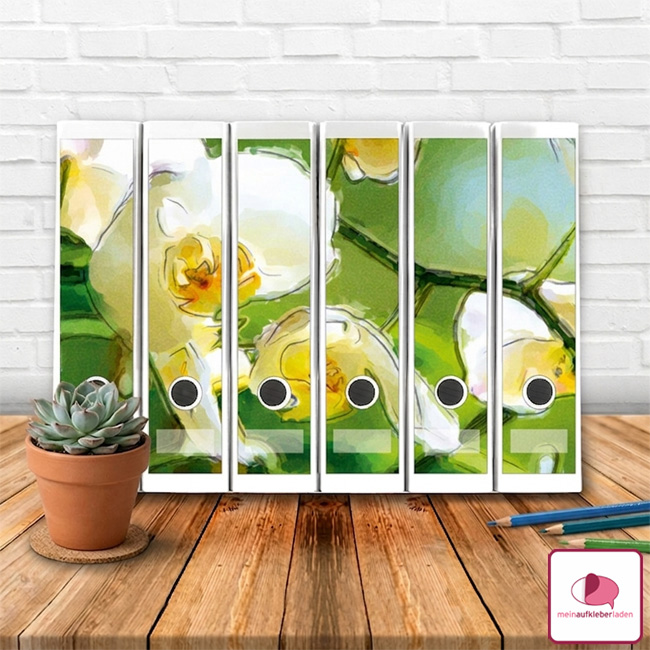 Romantische Ordnerrückenaufkleber mit weißen Orchideen im Aquarelldesign - Panoramamotiv für breite Ordner