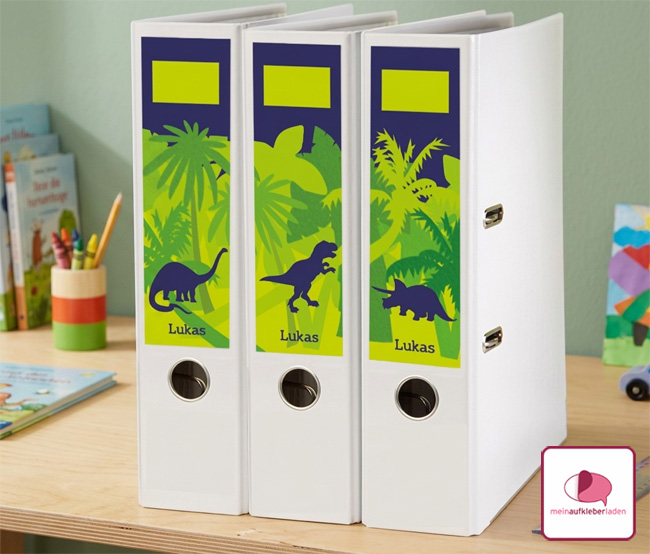 niedliche Ordnerrückenaufkleber für die Schule - verschiedene Dinos, Langhals, T-Rex und Triceratops, mit Name personalisierbar