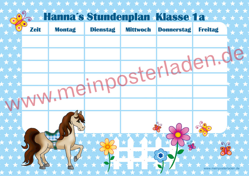 A4 Stundenplan mit Sternchen in hellblau mit niedlichen Pony , Blumen und Schmetterlingen, optional wiederbeschreibbar