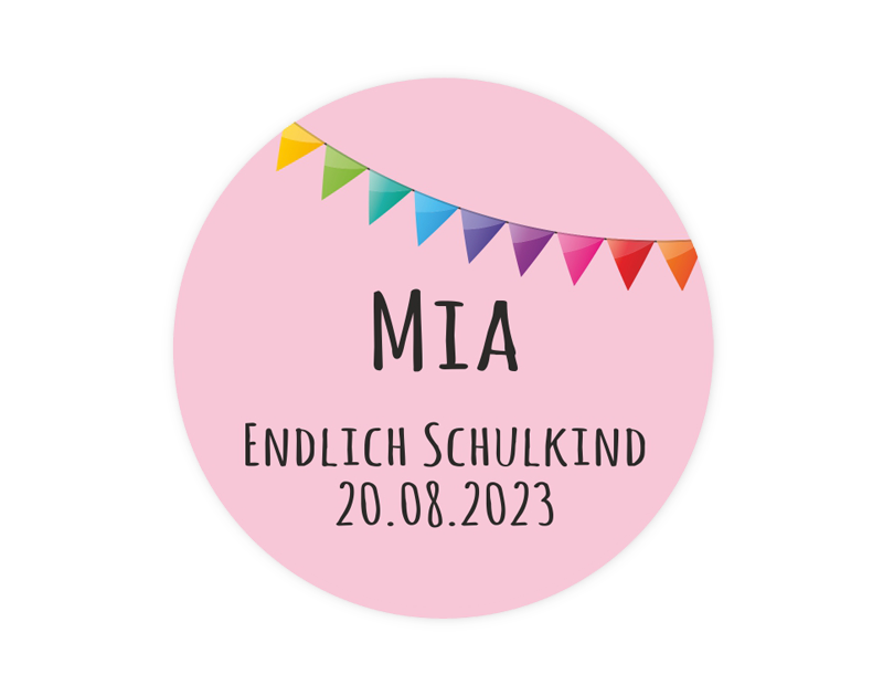 Aufkleber für die Einschulung: Endlich Schulkind - bunte Wimpel - rosa Hintergrund - personalisierbar mit Wunschtext - als Gastgeschenk, für Einladungen, Schulanfang, Einschulung