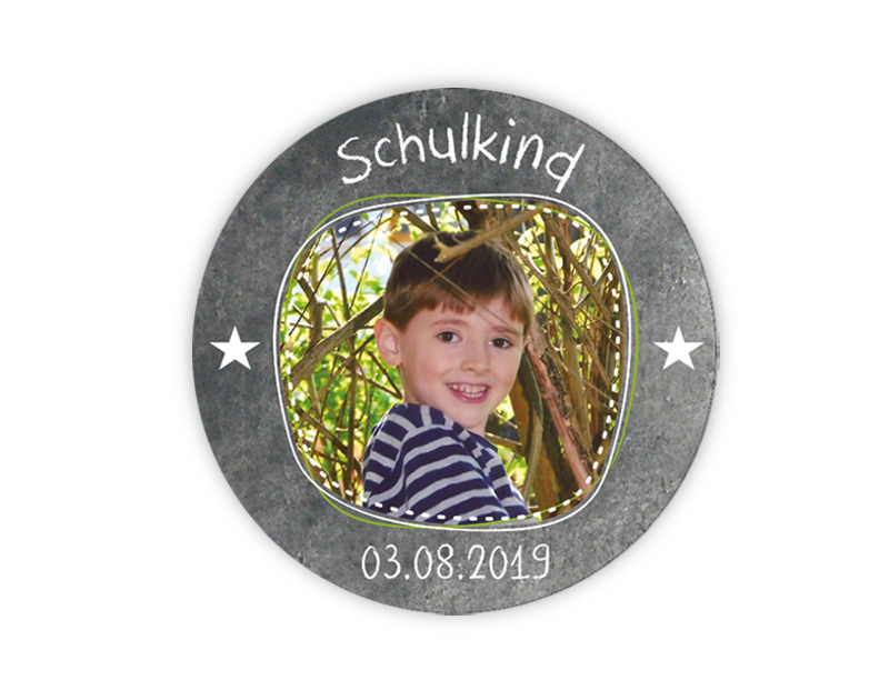 Aufkleber für die Einschulung in Tafeloptik Chalkboard mit Sternchen - personalisierbar mit Foto und Wunschtext - als Gastgeschenk, für Einladungen, Schulanfang, Einschulung, 