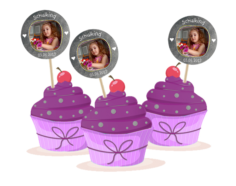 Kuchendeko - Aufkleber für Cupcakes zur Einschulung - personalisierbar mit Foto