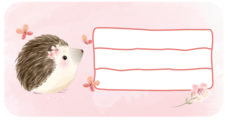 Heftaufkleber zum selber beschriften - Motiv: niedlicher Igel mit rosa Blüten und rosa Schmetterlingen auf rosa Aquarell-Hintergrund, ein weißes Feld zum beschriften per Wasserfestem Stift