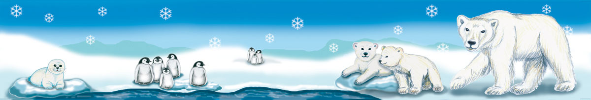 Wandbordüre mit Eisbären, Pinguinen und Babyrobbe - Motive liebevoll handgemalt
