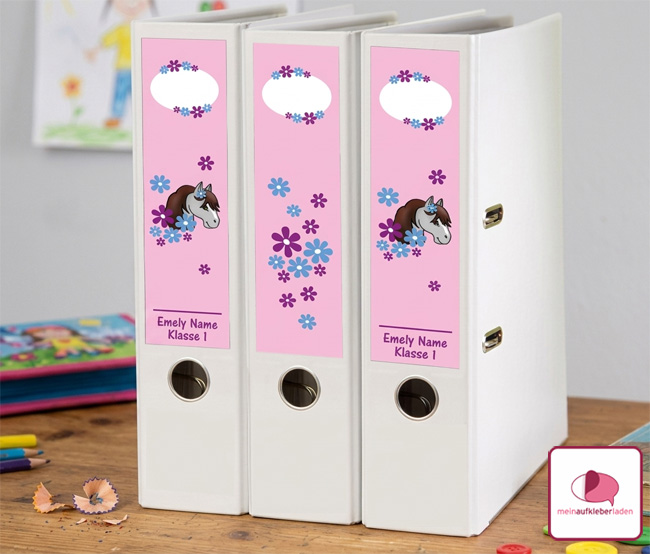 niedliche Ordnerrückenaufkleber für die Schule - niedliches Pony mit Blumen, mit Wunschtext personalisierbar