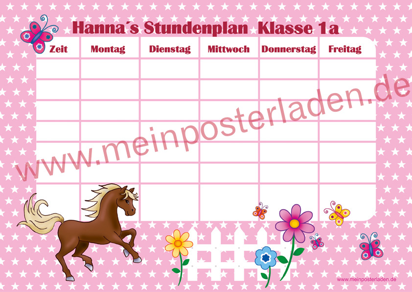 A4 Stundenplan mit Sternchen in rosa mit niedlichen Pony , Blumen und Schmetterlingen, optional wiederbeschreibbar