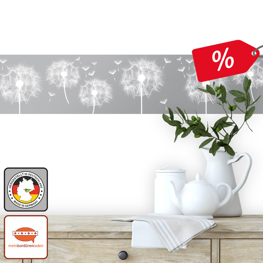  umweltfreundliche Vliesbordüre mit weißen zarten Pusteblumen auf grauem Hintergrund - Sale - Restposten - Ausverkauf - große Rabatte